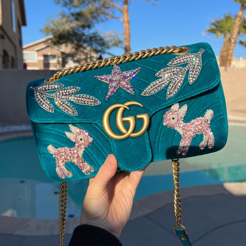 Gucci Marmont Teal Velvet Embellished Limited Editiom Bag Chain Deer - Picture 13 of 13